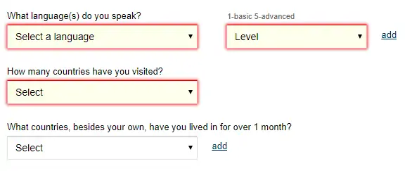 La página siguiente es parte de la categoría "más sobre ti". Se requiere bastante información: Los idiomas que hablas y el nivel, además de los países donde has vivido durante más de un mes. 