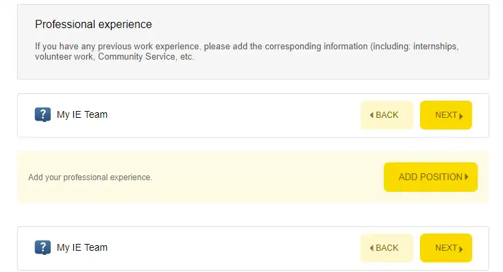 En la siguiente página, tienes que añadir tu experiencia profesional (incluidos proyectos como trabajos voluntarios, servicios comunitarios, actividades para recaudar fondos, ONGs, etc.)